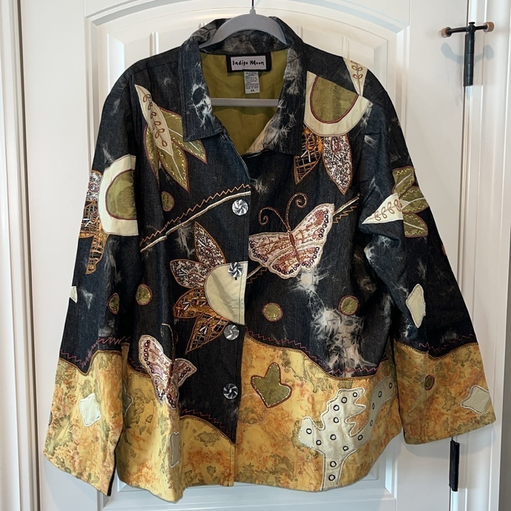 Indigo Moon mixed media butterfly artsy art to wear whimsical blazer jacket 3X